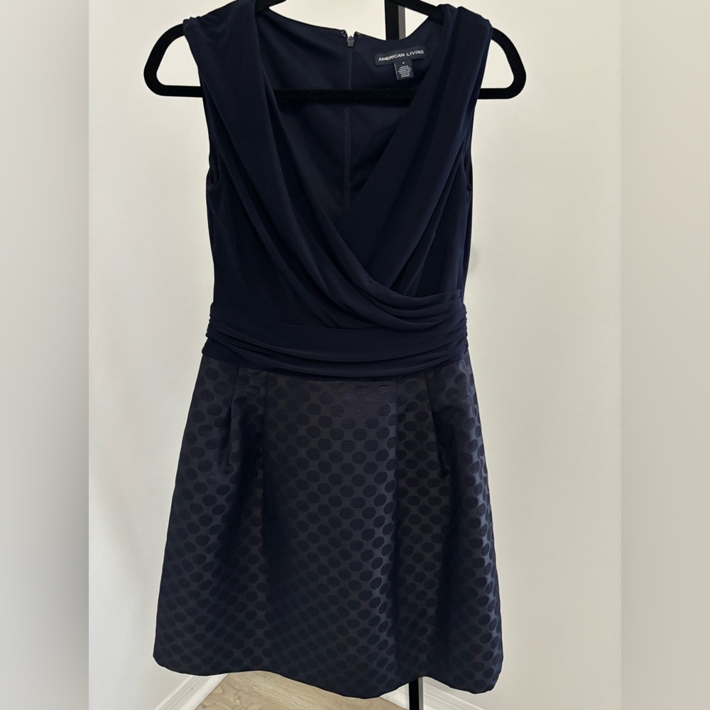 American Living Navy Draped Bodice Midi Dress with Dot-Textured Skirt
